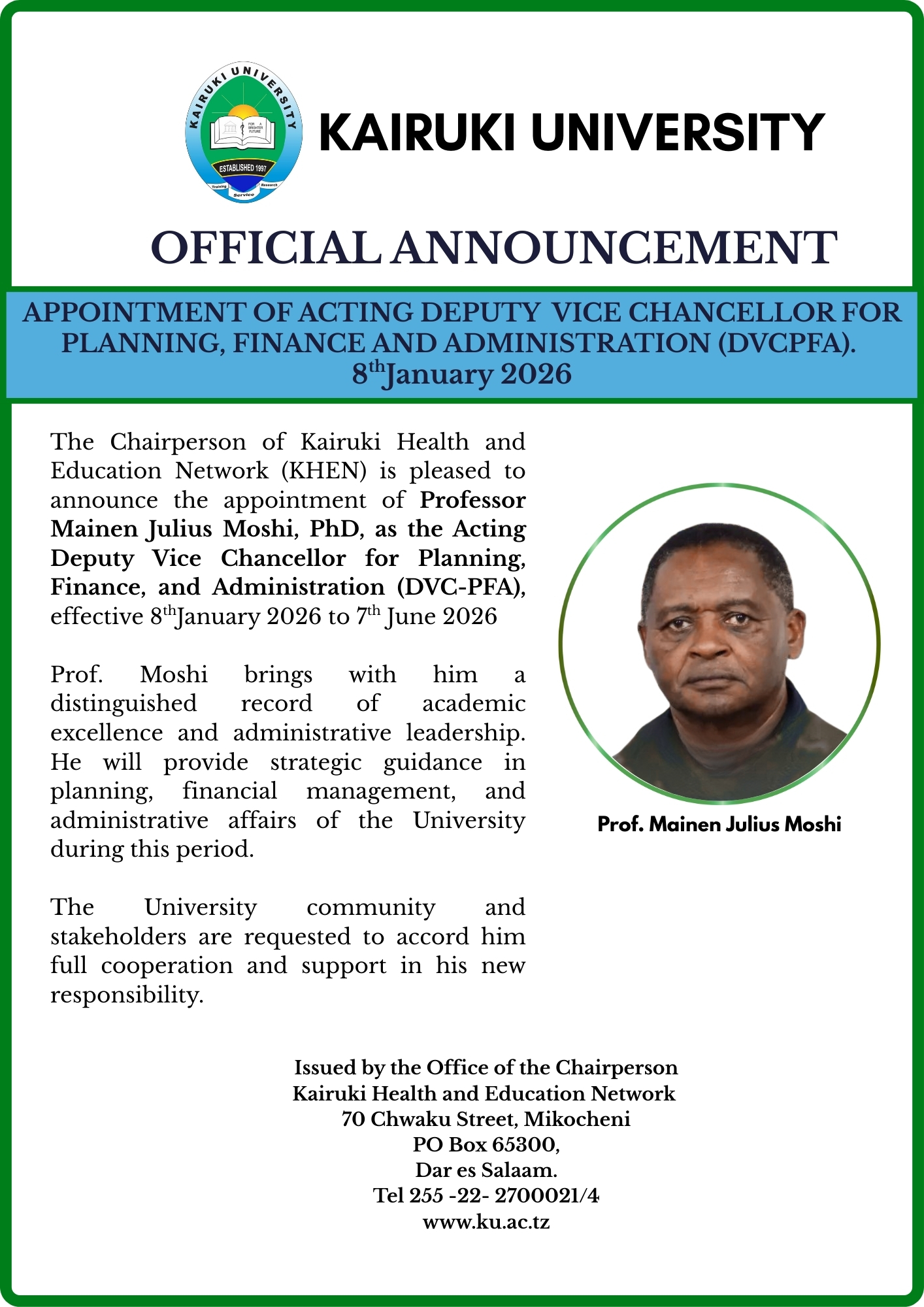 Appointment of Acting Deputy Vice Chancellor for Planning, Finance and Administration (DVCPFA)