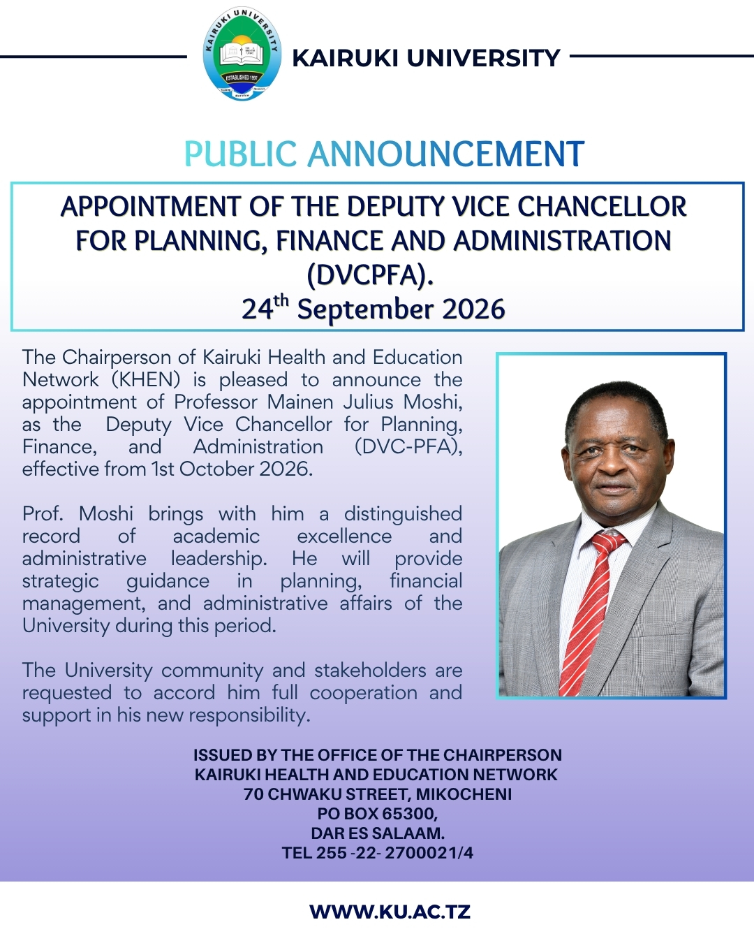 Appointment of the Deputy Vice Chancellor for Planning, Finance and Administration (DVCPFA)