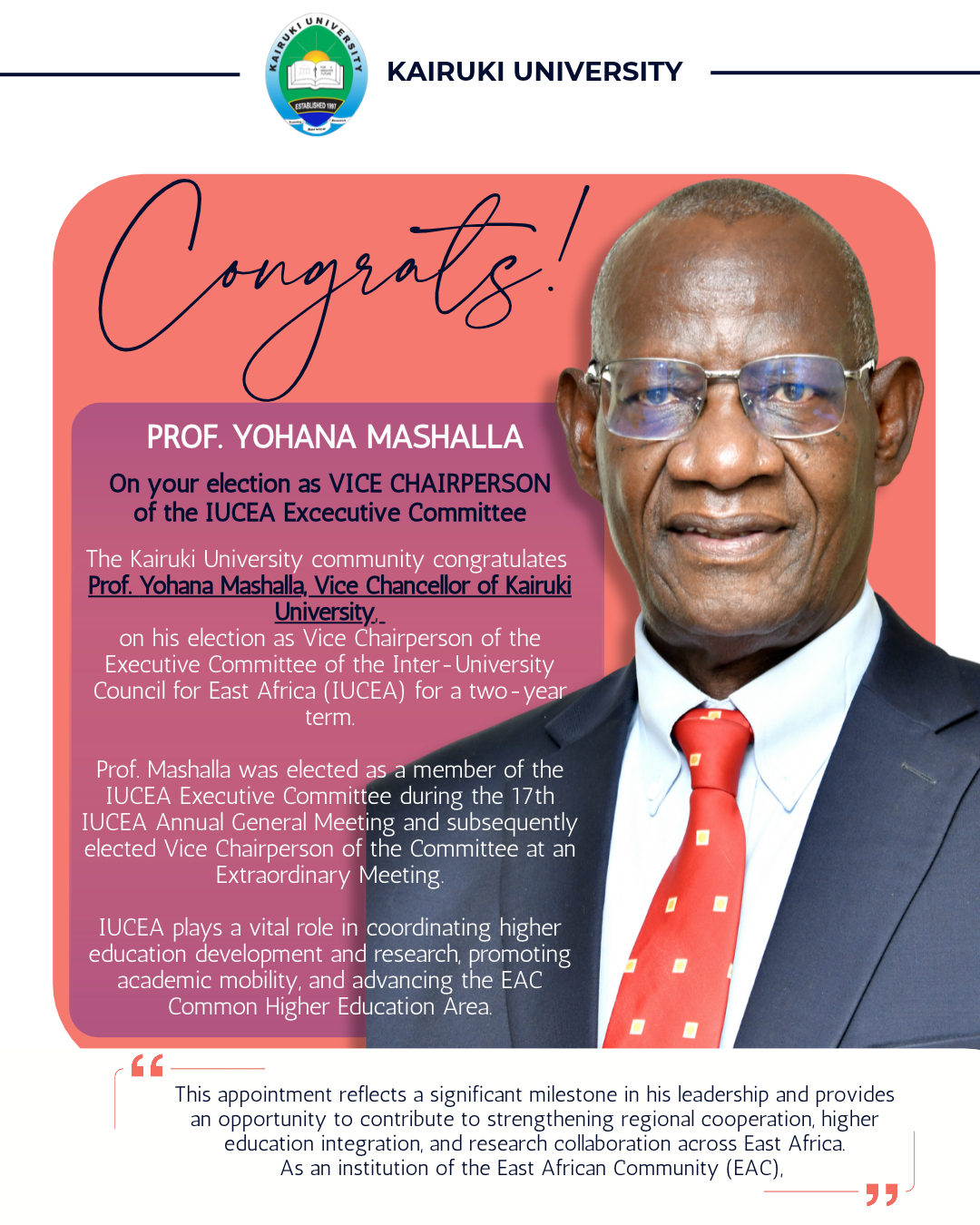 Prof. Yohana Mashalla elected Vice Chairperson of the IUCEA Executive Committee